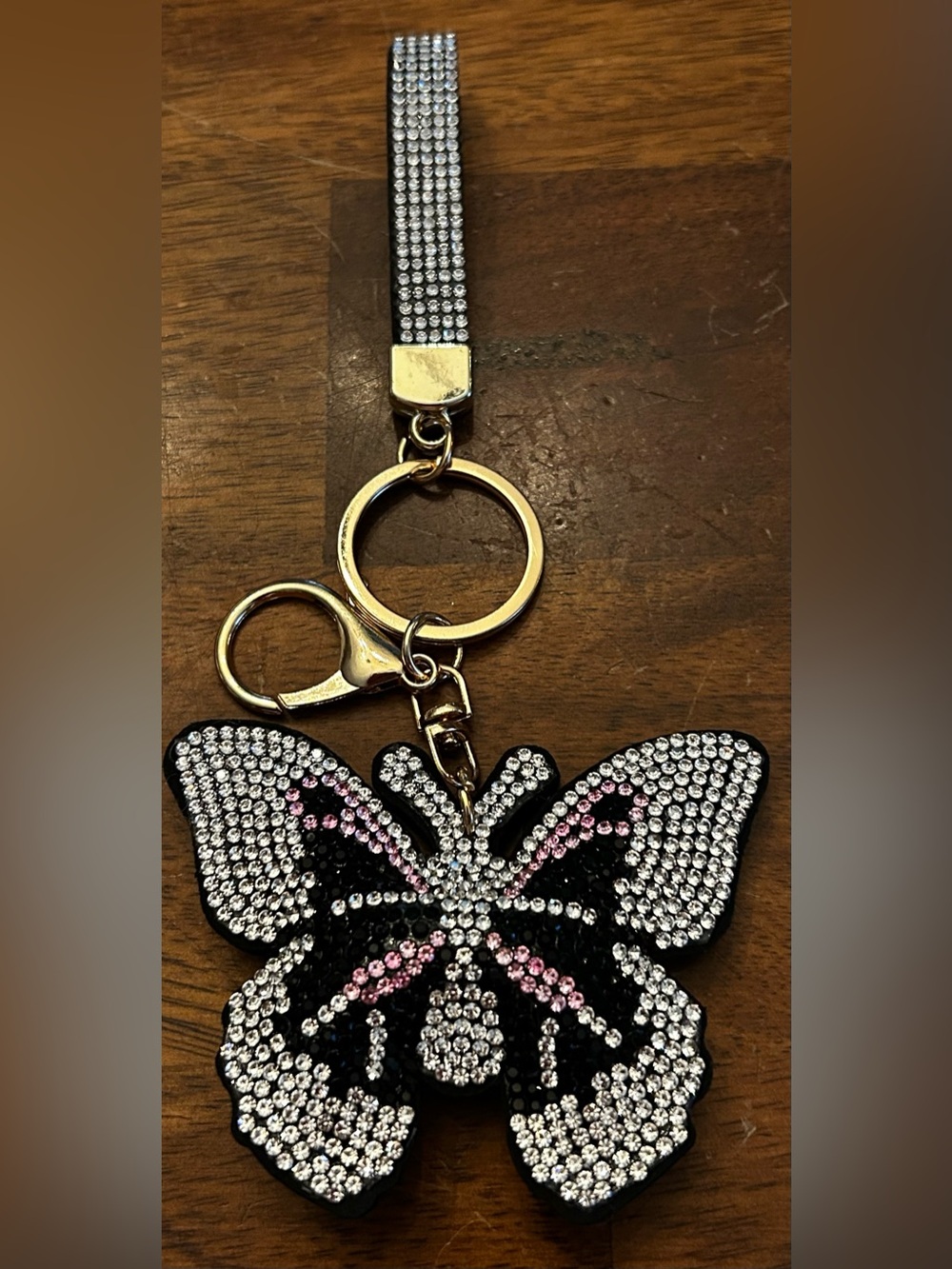 Fashion Jewelry Black Butterfly Keychain Bag Charm w/White and Pink Rhinestones